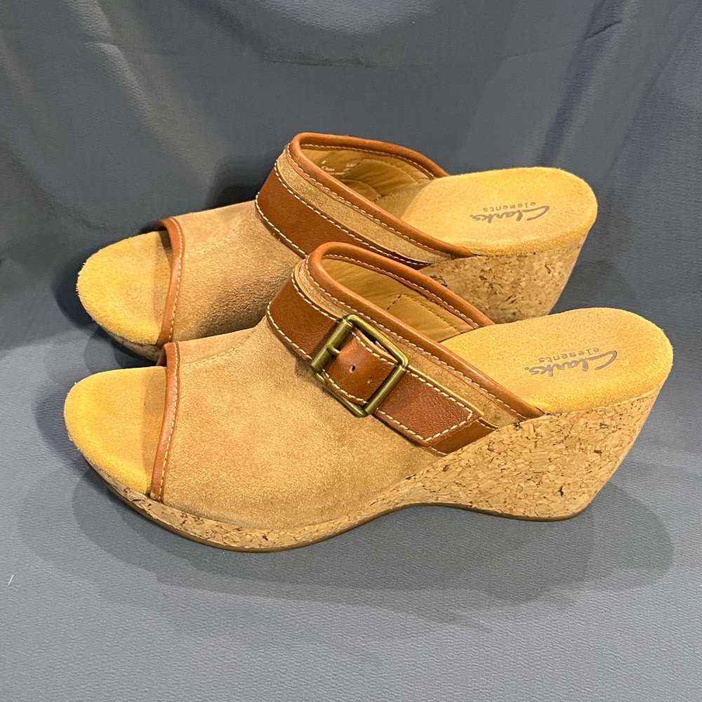 Clarks Elements Harwich Keel Platform Sandals Leather Cork 4” Wedge Brown Suede - Picture 2 of 12